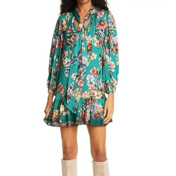 Alice + Olivia Merrilee Floral Tie V Neck Long Sleeve Mini Dress Green R… - Picture 1 of 11